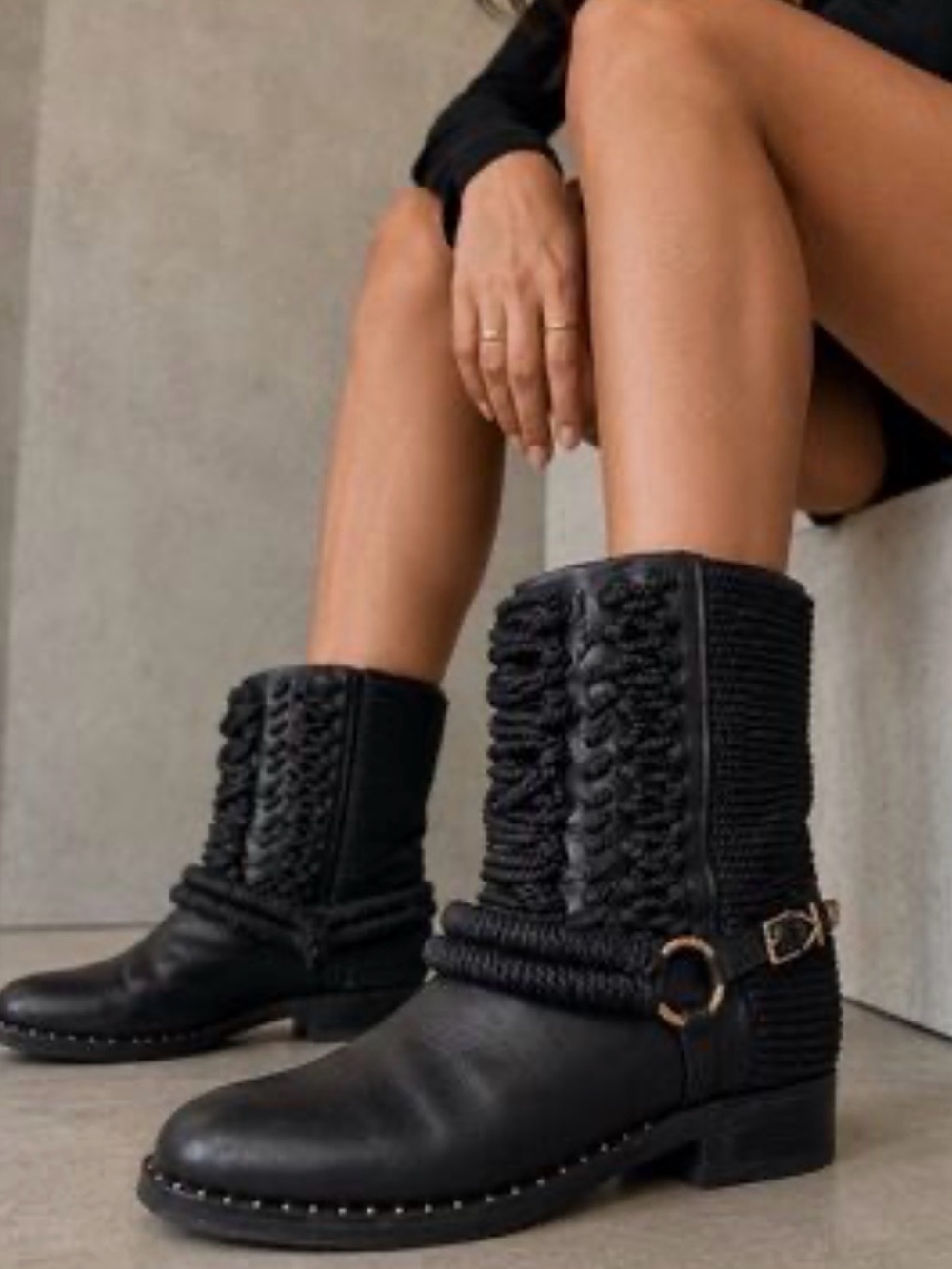 Ivy Kirzhner Bond Engineer Black Leather Rope Detail Mid Top Boots Size 7.5 Boho